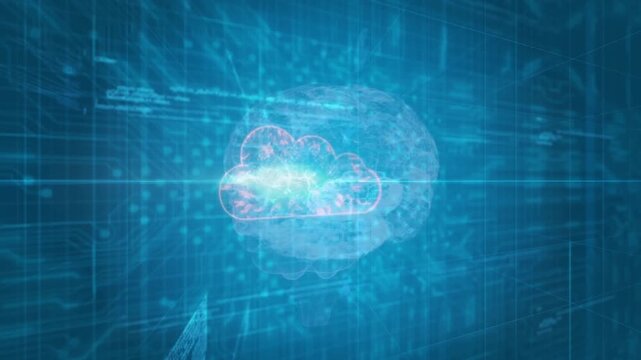 Neon cloud icon floating in animated illustration over translucent brain hologram on circuit grid