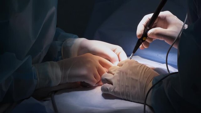 Surgeons performing a precise medical procedure in an operating room.
