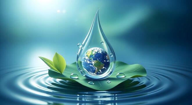 Earth reflected in a water droplet on a leaf