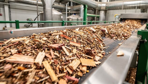 Medium shot of mixed wood chips conveying on a factory line producing biobased cyclic intermediates showcasing sustainable raw material processing in an ecofriendly plant.