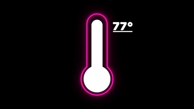 Neon Celsius thermometer displayed temperature 77 degree. Thermometer equipment showing hot or cold weather. 4K Video motion graphic animation.