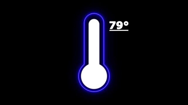 Neon Celsius thermometer displayed temperature 79 degree. Thermometer equipment showing hot or cold weather. 4K Video motion graphic animation.