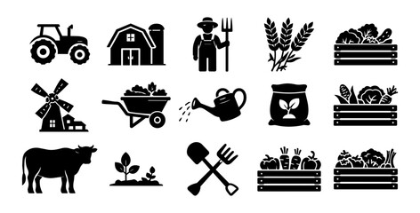 Obraz premium Agriculture Farming Icons Set – Tractor, Farmer, Wheat, Barn and Farm Equipment Black Silhouette Vector Collection