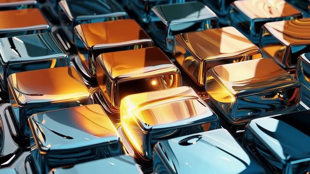 Bright blocks of metal and glass fill the frame. Light reflects off their surfaces, showing changing colors as shapes shift. The focus highlights details of each block.
