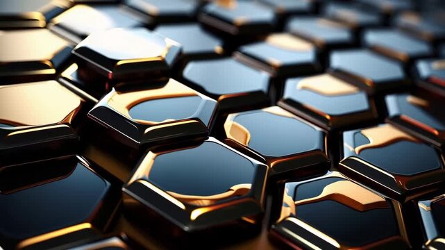 Focus on detailed hexagonal patterns with reflective surfaces. Light changes show different textures and colors across the shapes. Explore the design and structure.