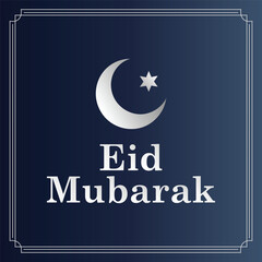 Obraz premium Eid Mubarak Crescent Moon and Star Greeting on Dark Blue Background with Ornate Border