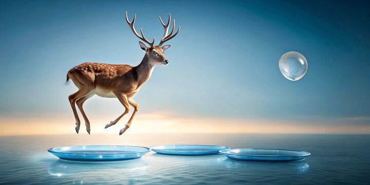 A graceful deer leaps across tranquil waters, a transparent orb floating gently above, a surreal dreamscape of serenity and wonder
