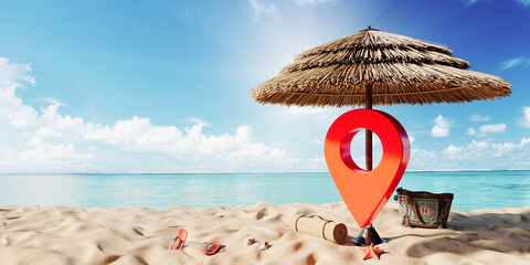 Location symbol under the parasol on sand beach. Summer travel concept design with copy space. 3D Rendering, 3D Illustration © hd3dsh