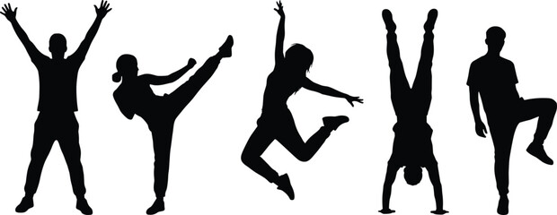 active kids silhouette set, children jumping kicking handstand poses, playful boys girls movement vector illustration isolated on white background © MstAfzalun