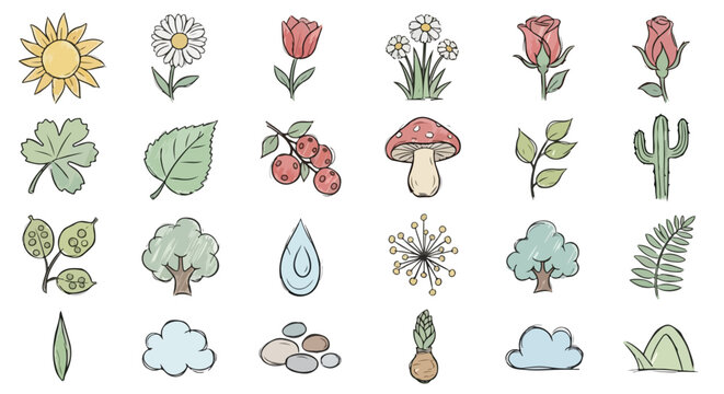 Charming hand-drawn nature icons: a diverse vector set of flowers, plants, trees, leaves, mushrooms, clouds, and natural elements in a simple doodle art style.