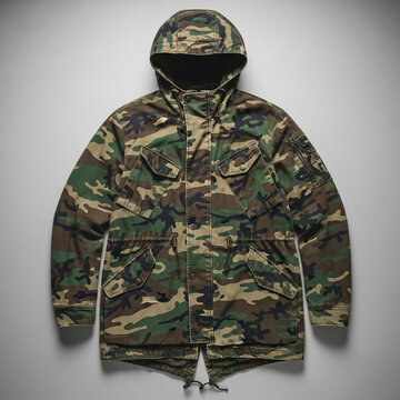 Camo Hooded Jacket with Drawstring and Zipper.