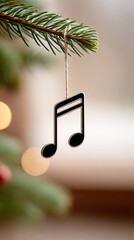 Festive music note ornament hanging on christmas tree branch for holiday decoration