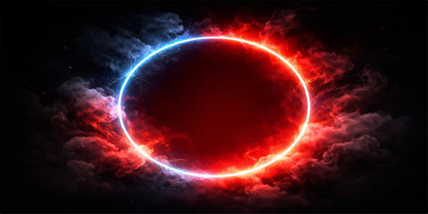 Glowing solar energy illuminates a red sun and blue earth globe within a dark galaxy of stars and abstract light across the night universe © RazuAhmed