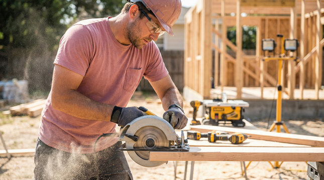 Focused young adult carpenter cutting wood with circular saw at construction site. skilled worker building new home with power tool and safety equipment