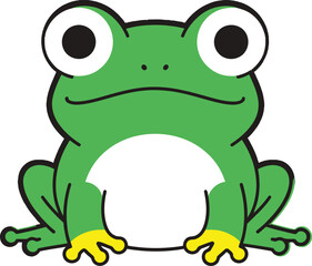 Obraz premium Frog illustration depicts a friendly green amphibian with a white belly and yellow toes, rendered in a simple, flat cartoon style, looking directly forward with large, expressive eyes.