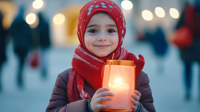 Joyful child walking with parol lantern during festive winter evening