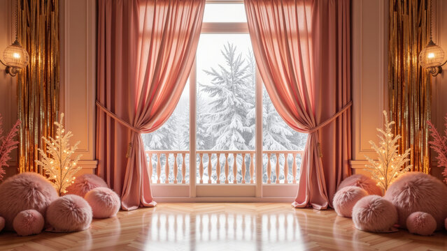 Elegant pink curtain gold decor fluffy pillow winter tree snow luxury room cozy warm light wooden floor festive