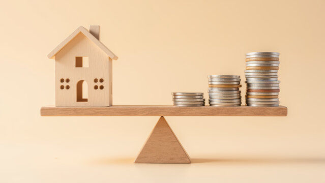 Wooden house model stack of coins balance scale investment finance savings property real estate beige background concept