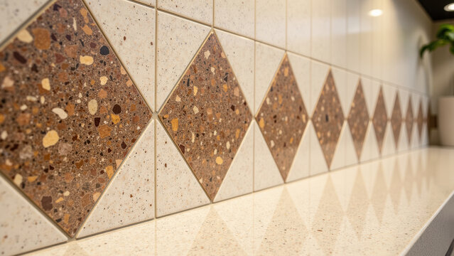 Geometric tile pattern, brown diamond shapes, terrazzo texture, cream background, modern kitchen backsplash, clean surface, contemporary style