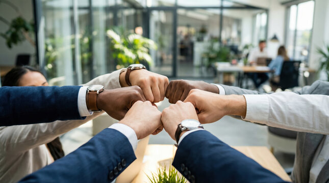 Diverse group showing teamwork and collaboration with fist bump. symbol of success, unity, and strong partnership for business goal in modern office