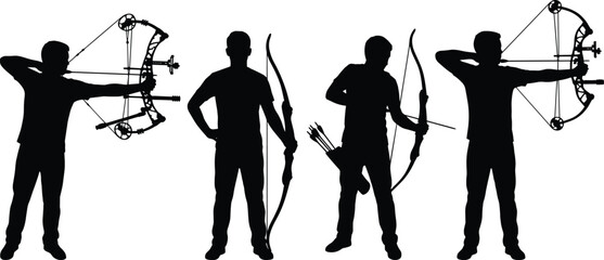 Archer silhouette set bow and arrow shooting archery sport hunter target practice black vector illustration isolated © MstAfzalun