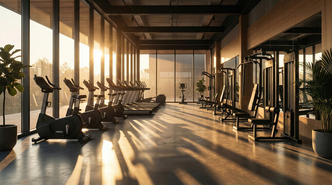 Serene modern gym interior with fitness equipment for healthy workout and lifestyle. Sunlight streams through large window at sunrise, creating calm and peaceful training background