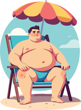  uomo seduto su sedia al mare in spiaggia con ombrellone che prende il sole in costume da bagno vettoriale 