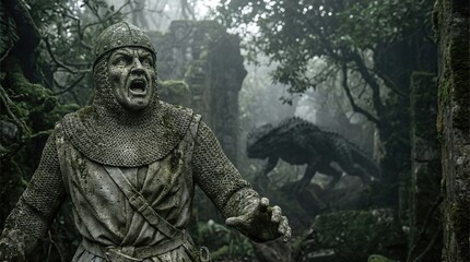 Fototapeta premium Medieval knight stone statue in a mossy forest with a monster in the background. Fantasy adventure and ancient legend concept.