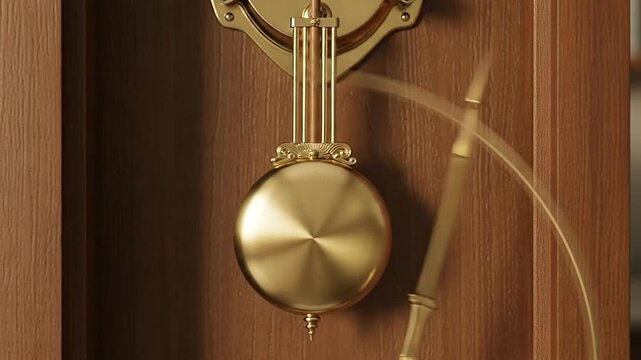 A polished brass pendulum swings rhythmically on a wooden clock face