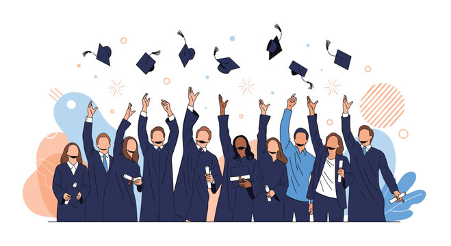 Group of graduates in blue gowns and caps celebrating their graduation by throwing their mortarboards into the air with joy.