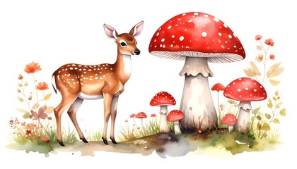 Fototapeta premium Watercolor Deer with Red Mushrooms Fantasy