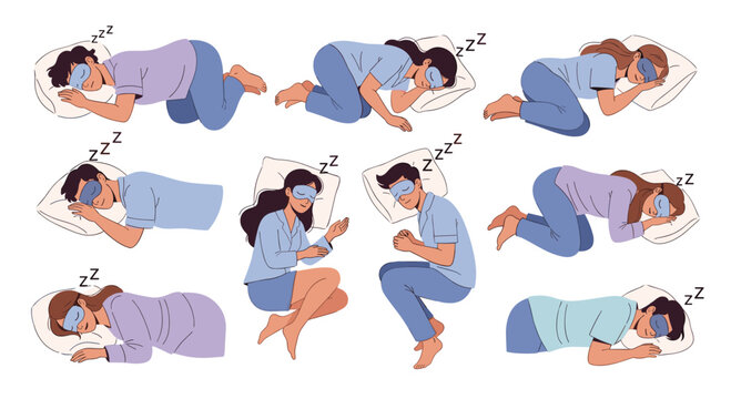 Diverse people in pajamas wearing eye masks sleep in various comfortable positions on soft pillows as shown in a detailed flat vector illustration.
