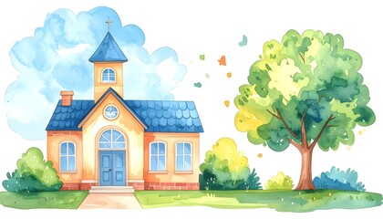Naklejka premium Watercolor Simple School House and Tree