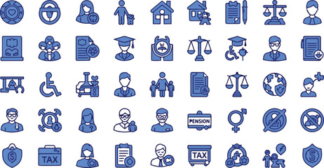 Obraz premium Law Justice, Government Policy, and Social Welfare Vector Icon Set
