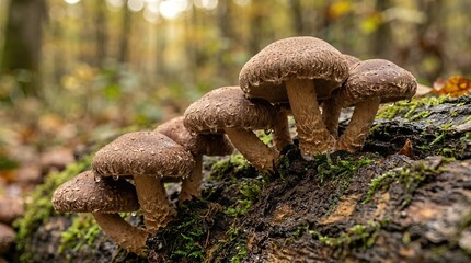 Fototapeta premium Group of mushrooms with raindrops growing on a mossy log in an autumn forest. Nature growth concept for woodland ecology, wild foraging.