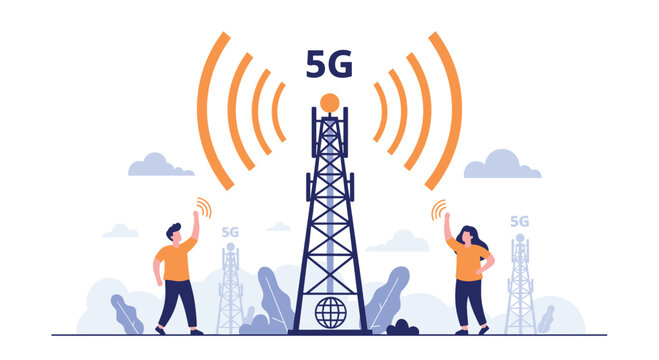Modern 5G wireless technology towers transmit high-speed signals to a man and woman holding their mobile phones in a blue landscape with clouds.
