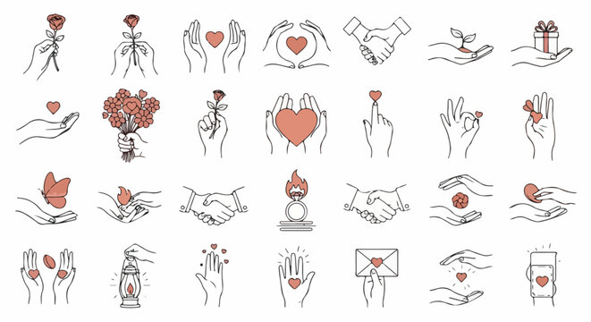Collection of Line Art Icons Representing Love, Care, Support, and Relationships