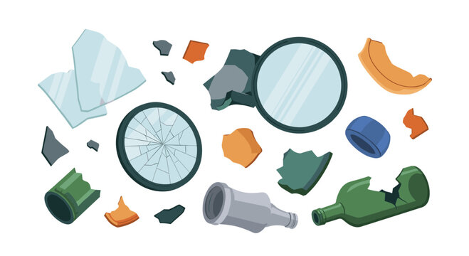 Assorted collection of broken items including glass shards, a cracked mirror, shattered bottles, and ceramic pieces on a clean white background.