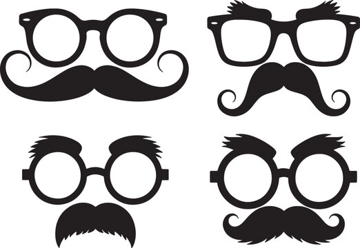 Moustache and glasses disguise silhouettes. four variations of playful accessories for party props or april fools day fun