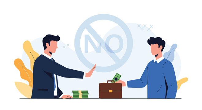 Professional businessman in a suit firmly refusing a bribe of cash from another person with a prominent no sign for anti-corruption values.