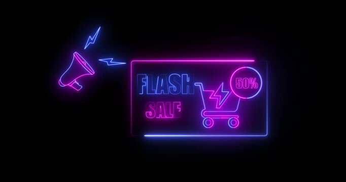 50% Flash sale neon sign fluorescent light glowing banner background. With blinking color for store text flash sale by neon lights sign board showcasing digital marketing promotions
