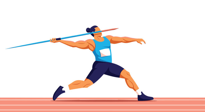 Male athlete in action throwing a javelin during track and field competition on stadium background with white sky.