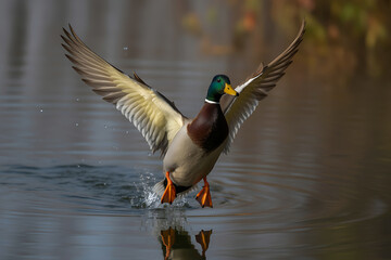 Obraz premium Mallard duck taking flight from water surface with splashing droplets
