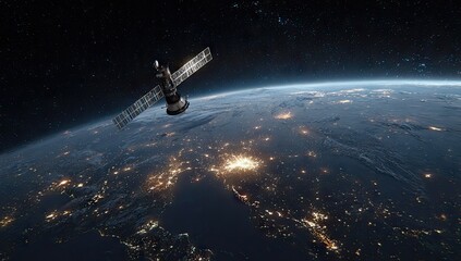 Obraz premium Satellite orbits Earth, showcasing city lights over a dark sea of space
