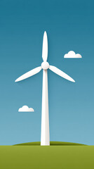 Fototapeta premium White wind turbine on green hill with blue sky and clouds