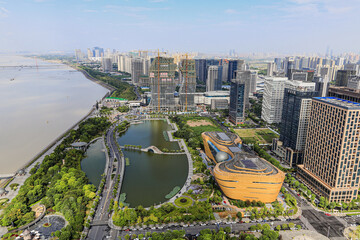 Hangzhou Binjiang District Aerial View with Modern Architecture and Waterfront Park © NguyenNgoc