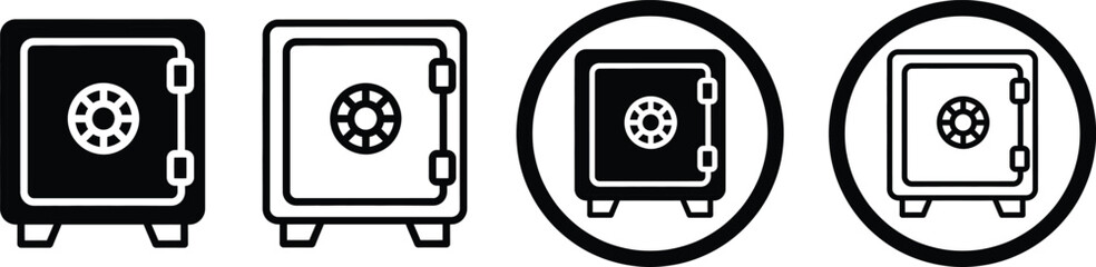 Fototapeta premium Four black and white illustrations of safes in different views and highlights