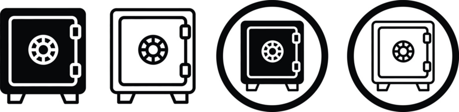 Four black and white illustrations of safes in different views and highlights