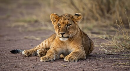 Obraz premium Adorable wild lion cub resting peacefully on the dusty ground of the savanna, displaying innocence and vulnerability in the wilderness environment ,looking ,mammal ,animal