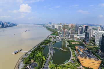 Hangzhou Binjiang Waterfront Park and Modern Skyline Aerial View © NguyenNgoc